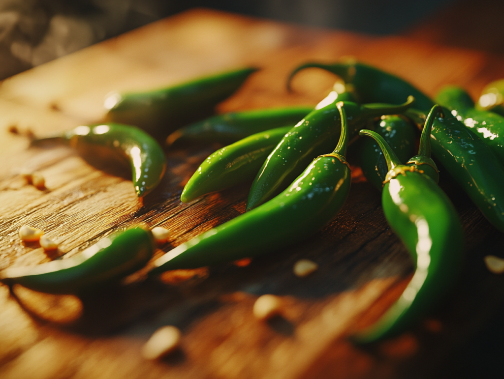 Close-up of glossy green serrano peppers on a rustic surface with scattered seeds and soft natural light.