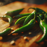 Close-up of glossy green serrano peppers on a rustic surface with scattered seeds and soft natural light.