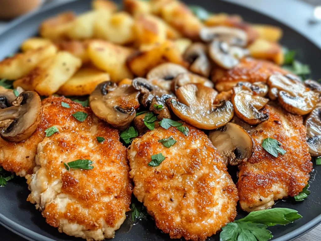 How to Keep Chicken Cutlets Juicy and Delicious Every Time 3 Golden, breaded chicken cutlets topped with sautéed mushrooms, served with roasted potatoes and fresh parsley on a dark plate