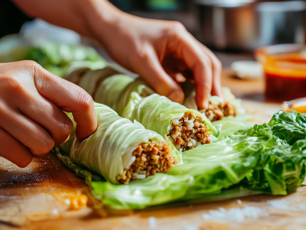 Step-by-step preparation of rolling Polish stuffed cabbage leaves, with meat and rice filling carefully placed in the center of the leaf