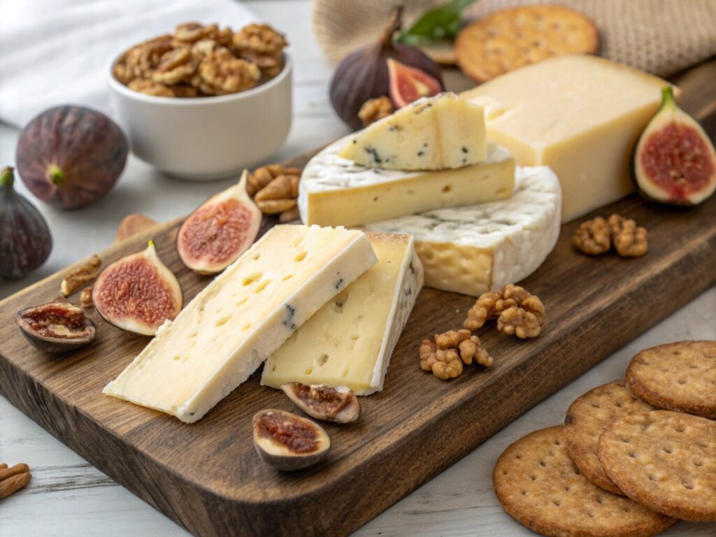 Selection of smoked cheeses on a rustic wooden board.