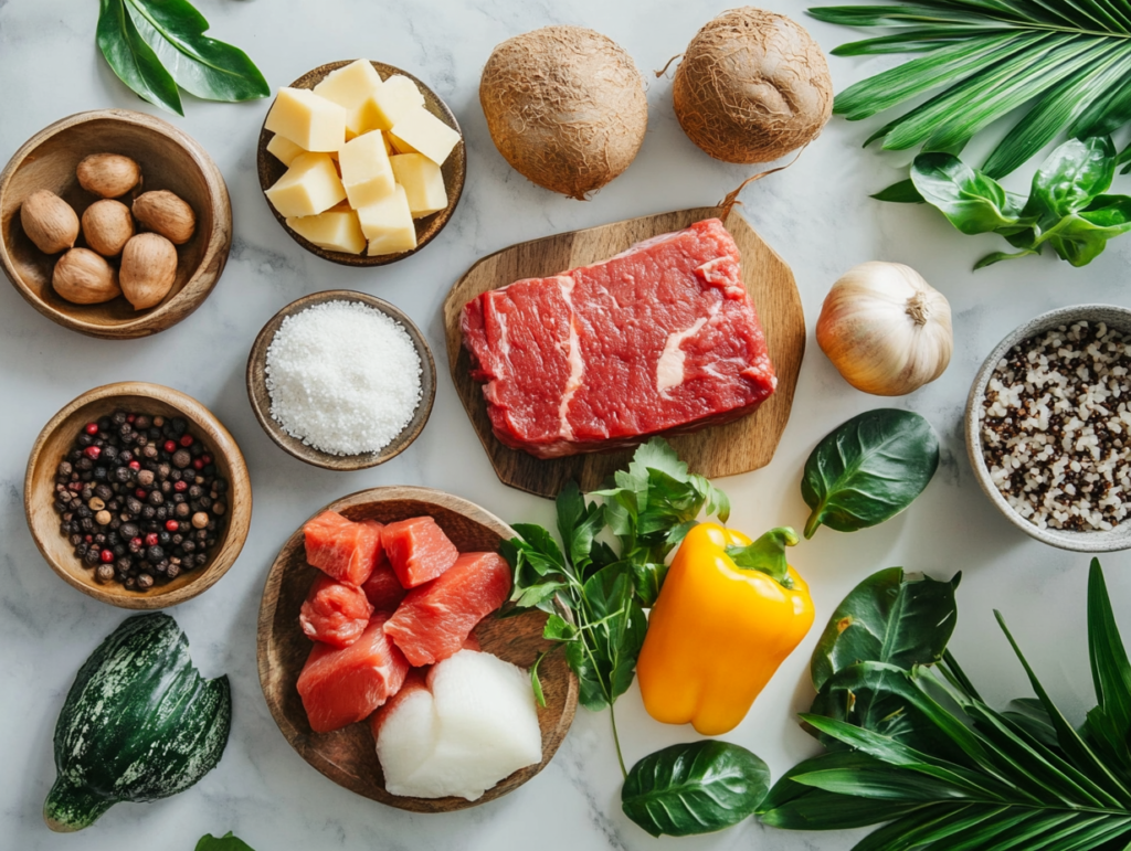 A beautifully arranged display of luau stew ingredients, including fresh taro leaves, coconut milk, raw chicken, and Hawaiian salt, set on a rustic wooden table.