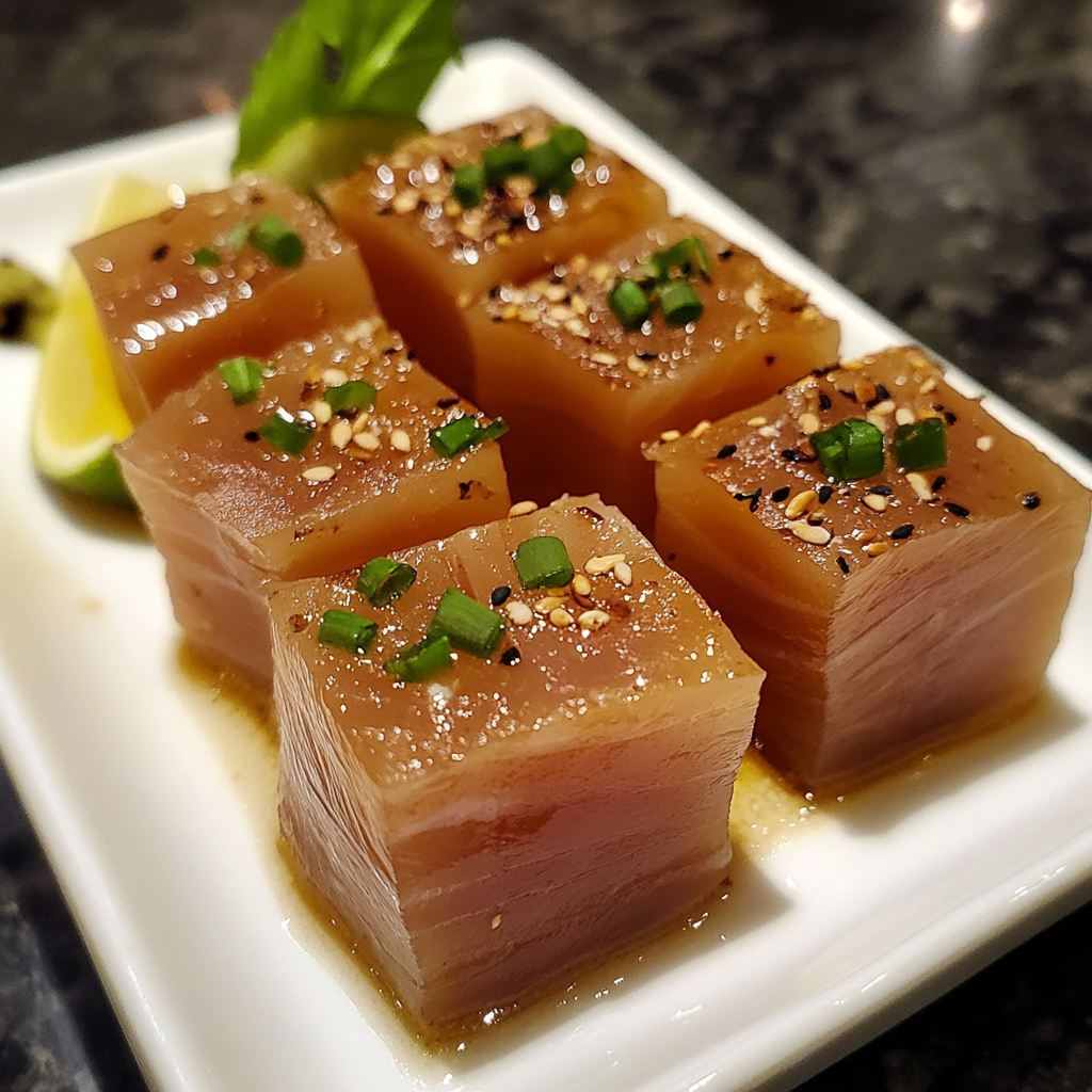 Smoked ahi tuna served with a side of cucumber salad and a glass of white wine on a dining table