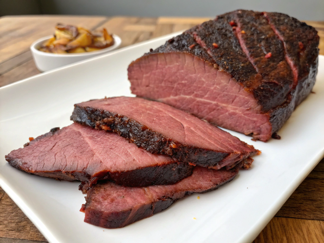 A perfectly smoked beef brisket on a wooden board,