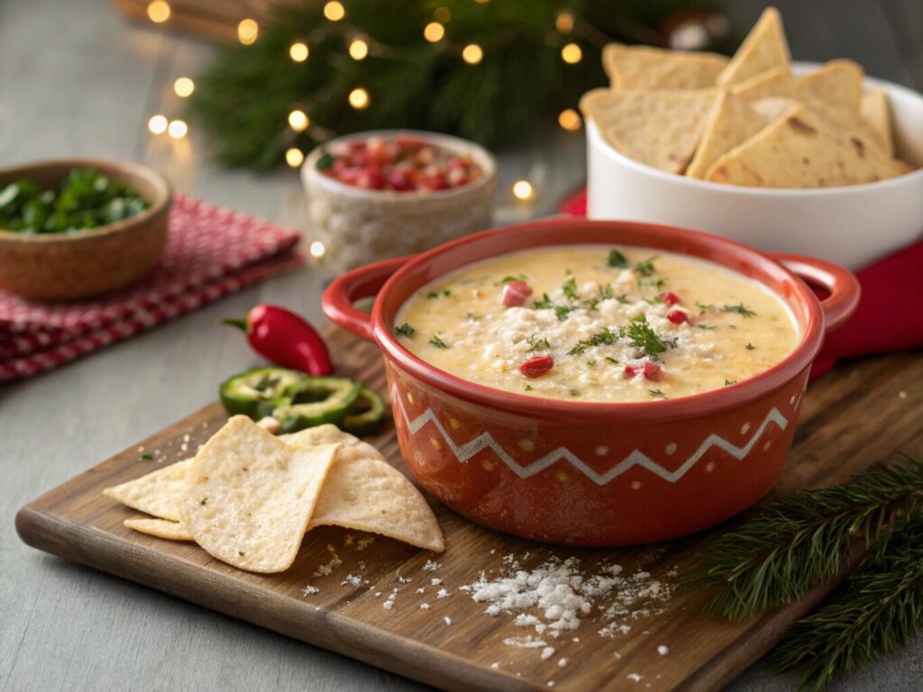  a creamy queso dip served in a decorative bowl, surrounded by tortilla chips, fresh herbs, and toppings like peppers and cheese. Would you like a recipe or content created to complement this dish?