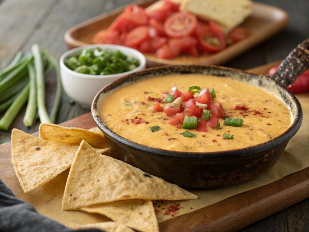 a vibrant and creamy queso dip with tortilla chips and fresh toppings like tomatoes and green onions. Let me know if you'd like a recipe or content based on this image!