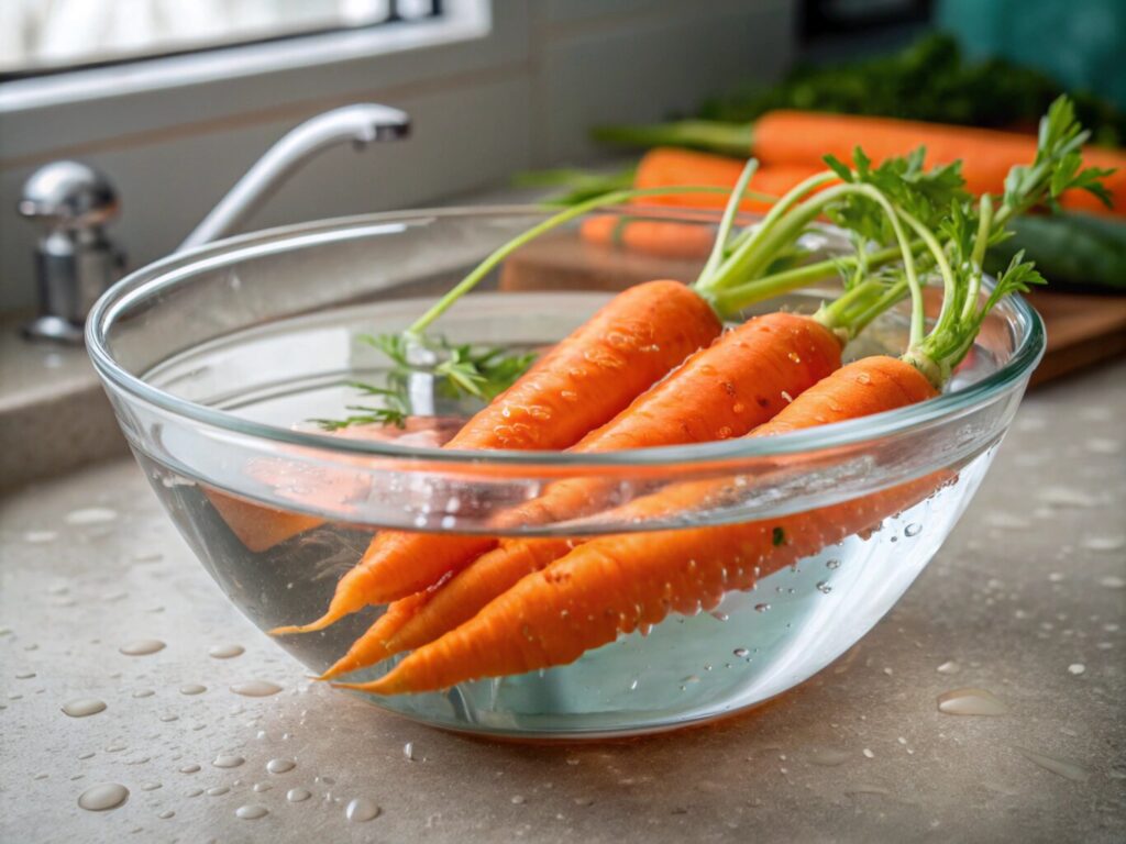 Fresh carrots with green tops soaking in a clear glass bowl of water on a kitchen countertop, with water droplets around and additional carrots in the background near a sink