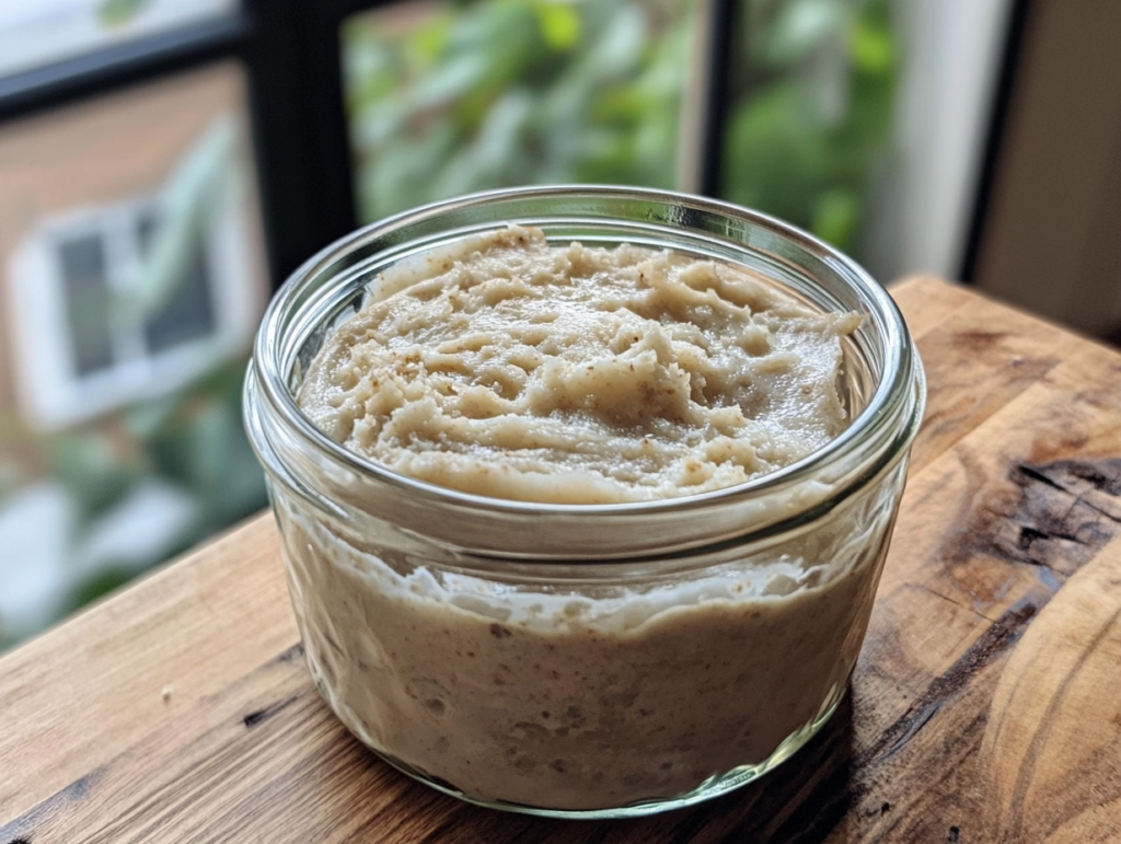 A clear glass jar filled with creamy sourdough discard, sitting on a rustic wooden table with a small spatula beside it.