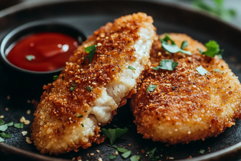 A plate of crispy baked chicken cutlets served with golden roasted potatoes, fresh basil leaves, and a small bowl of marinara sauce for dipping