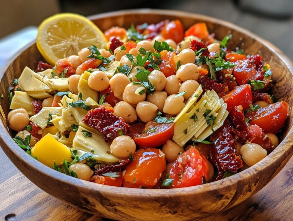 A vibrant Violet Witchel Dense Bean Salad in a wooden bowl, featuring chickpeas, cherry tomatoes, artichoke hearts, sun-dried tomatoes, and fresh herbs, garnished with a lemon wedge for a fresh and colorful presentation