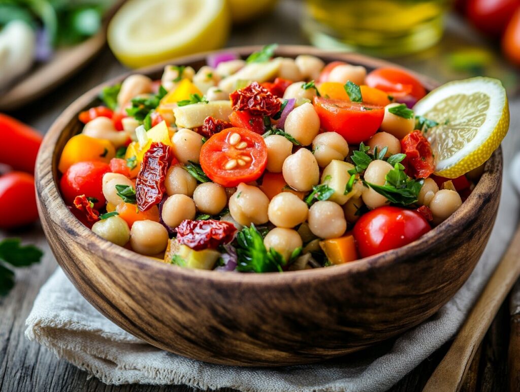 a colorful bean salad in a rustic wooden bowl, made with chickpeas, cherry tomatoes, artichokes, sun-dried tomatoes, and fresh parsley, garnished with a lemon slice for a bright and fresh look