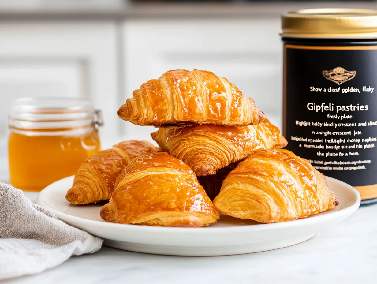A plate of golden, flaky Gipfeli pastries stacked neatly, showcasing their glossy and buttery layers. Accompanied by a jar of golden honey and a sleek black container for a cozy breakfast setup on a white table