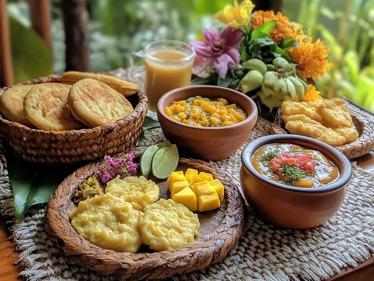 A vibrant Colombian breakfast spread with arepas, changua soup, tropical fruits, and coffee on a traditional table setting.