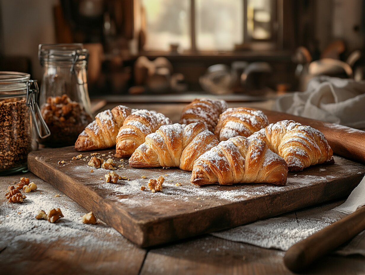 Close-up of traditional Nusskipferl pastries dusted with powdered sugar, arranged on a wooden cutting board with jars of ground nuts and walnuts in the background, creating a rustic kitchen atmosphere