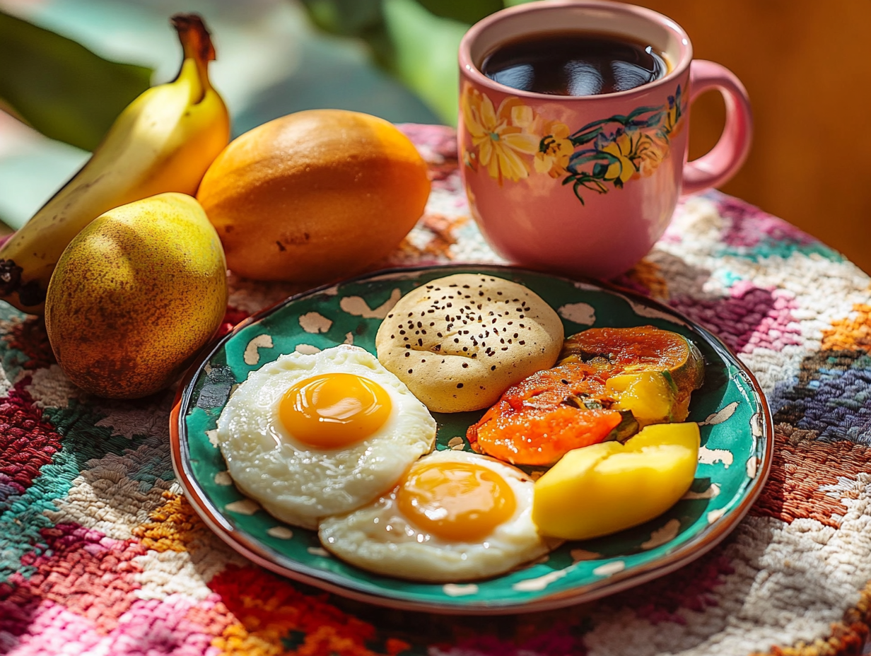 A traditional Colombian breakfast with arepas, scrambled eggs, coffee, and tropical fruits on a colorful tablecloth.