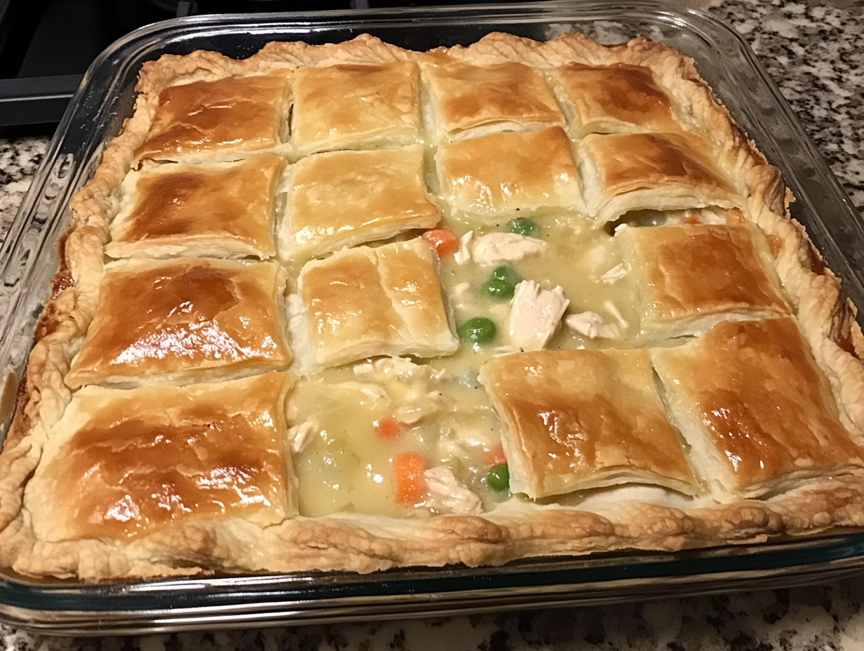 A golden-brown chicken pot pie with puff pastry squares as the crust, revealing a creamy filling of chicken and vegetables in a glass baking dish.