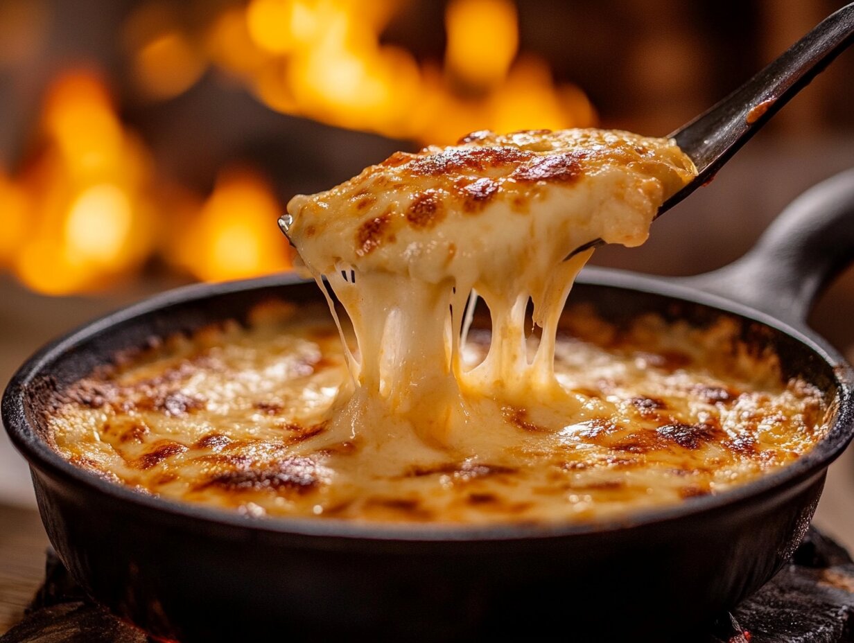 a bubbling, cheesy dish, likely another variation of a dip or queso with an appetizing stretch of melted cheese. Would you like a recipe, serving suggestion, or other content inspired by this?