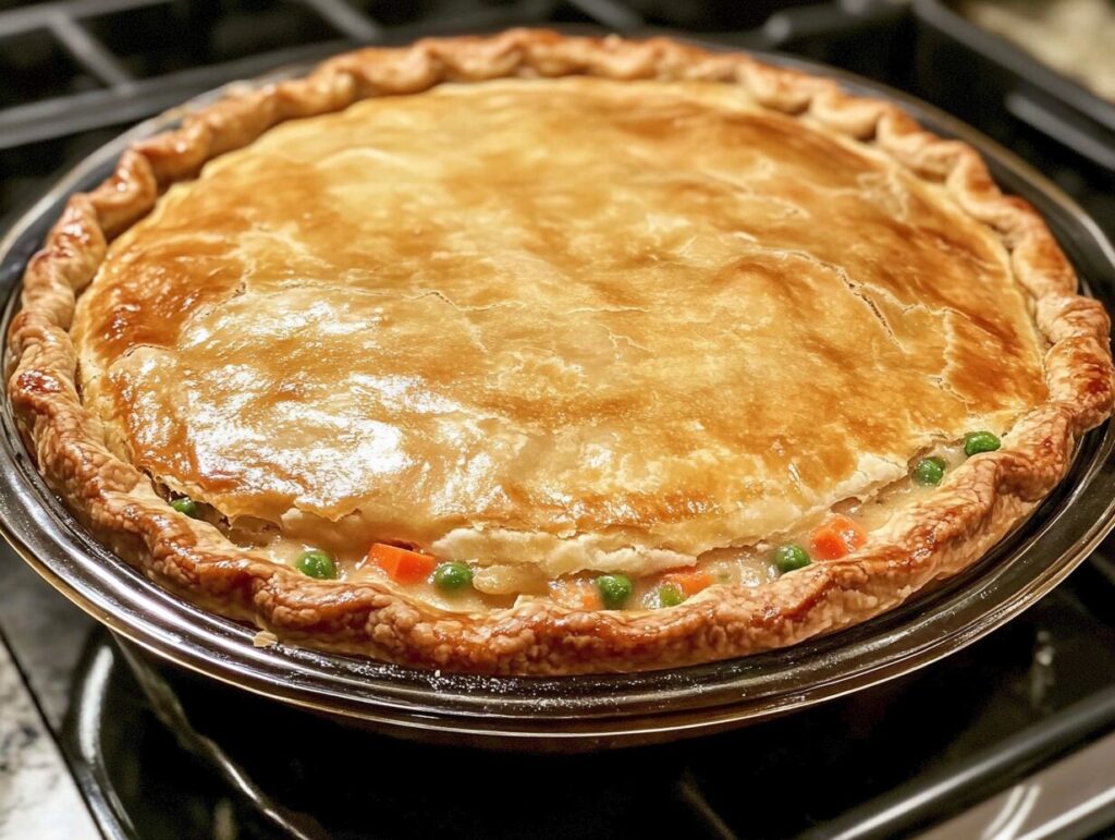 Golden chicken pot pie with a filling of vegetables and chicken chunks