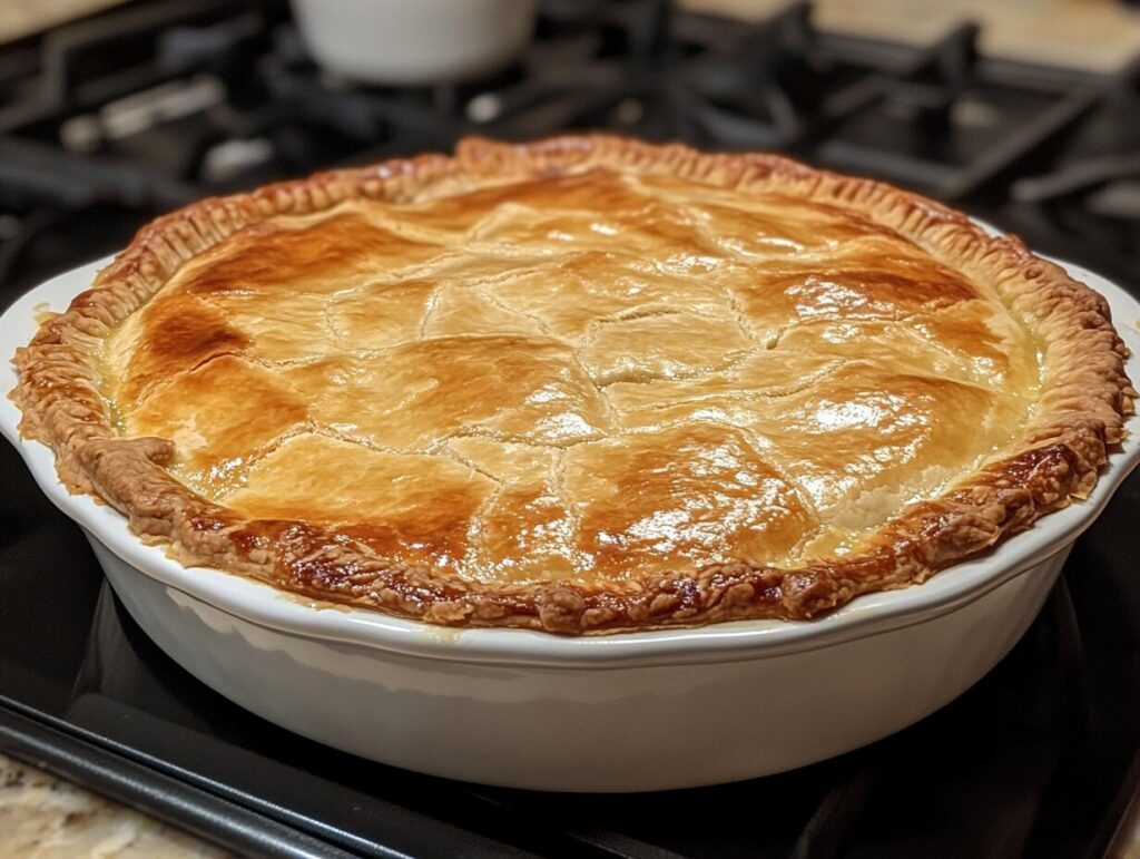 Freshly baked chicken pot pie with a golden, flaky crust