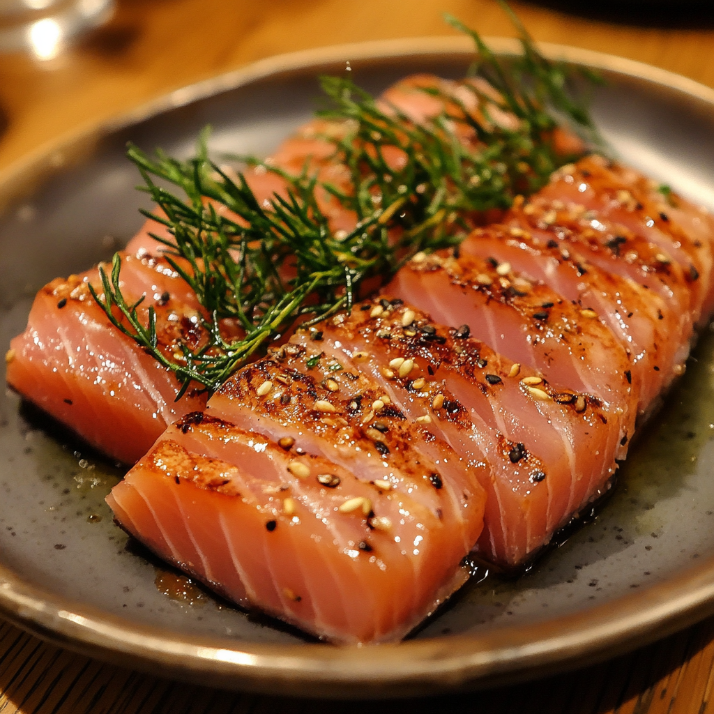 Smoked tuna fillets on a wooden board garnished with fresh herbs and lemon slices, showcasing a rich, smoky finish