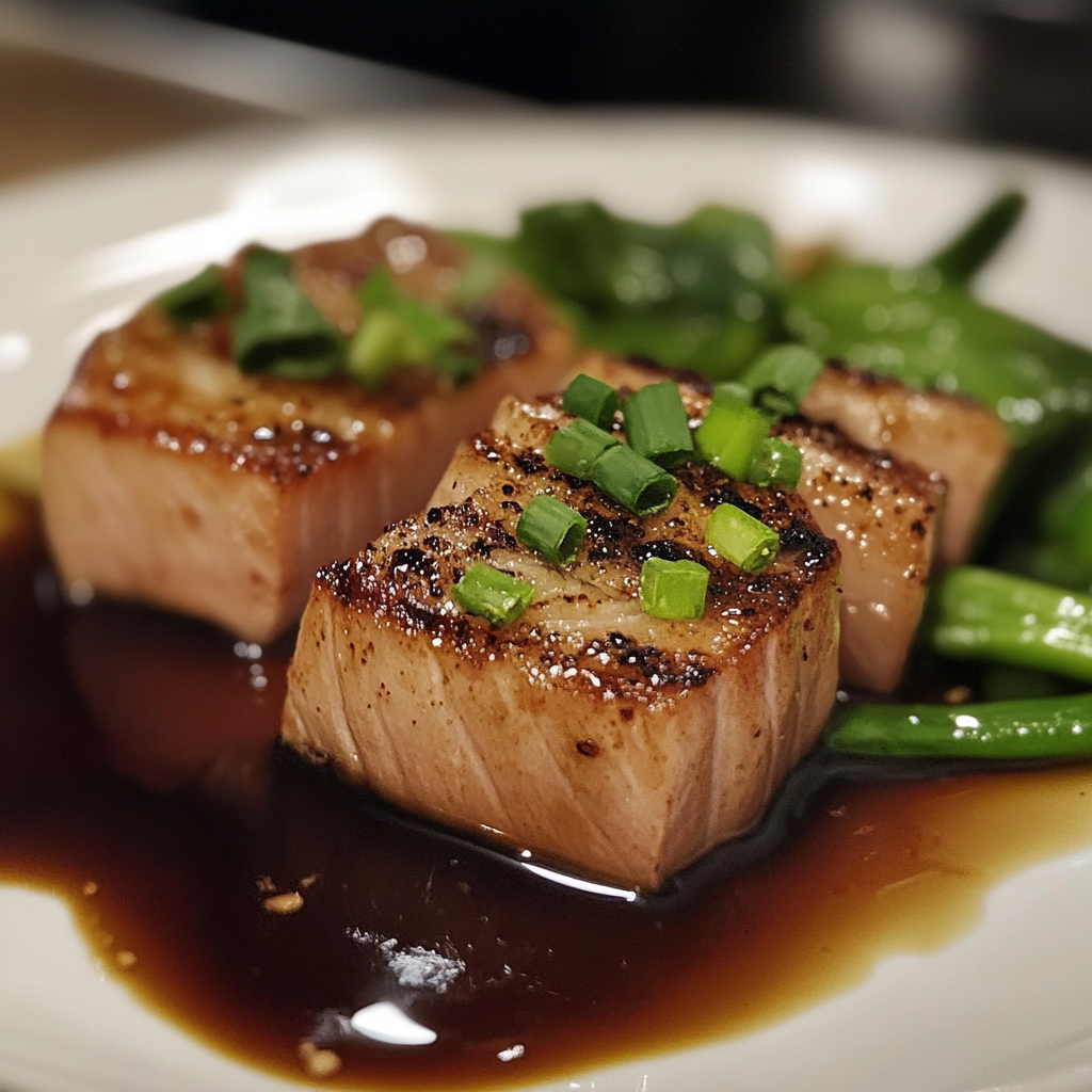 Seared ahi tuna recipe showing sliced tuna steaks with a golden crust and rare pink center, paired with salad and dipping sauce for a gourmet meal