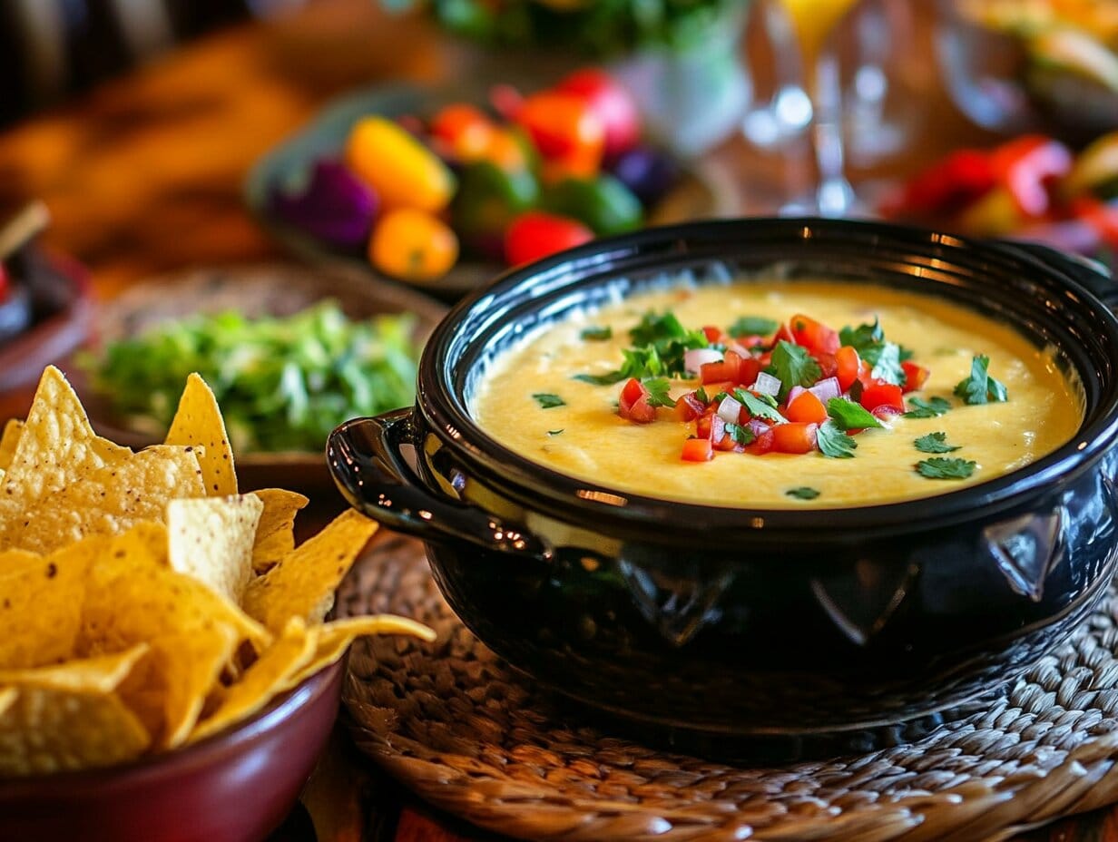 Freshly prepared smoked queso topped with diced tomatoes and cilantro in a black ceramic bowl