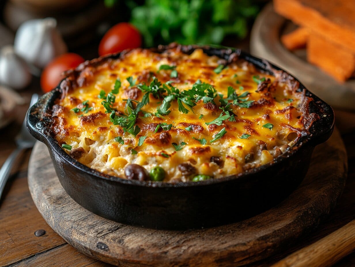 Why Is It Called King Ranch Casserole? 1 Close-up of a freshly baked King Ranch Casserole in a cast iron dish, topped with golden melted cheese and garnished with fresh parsley.