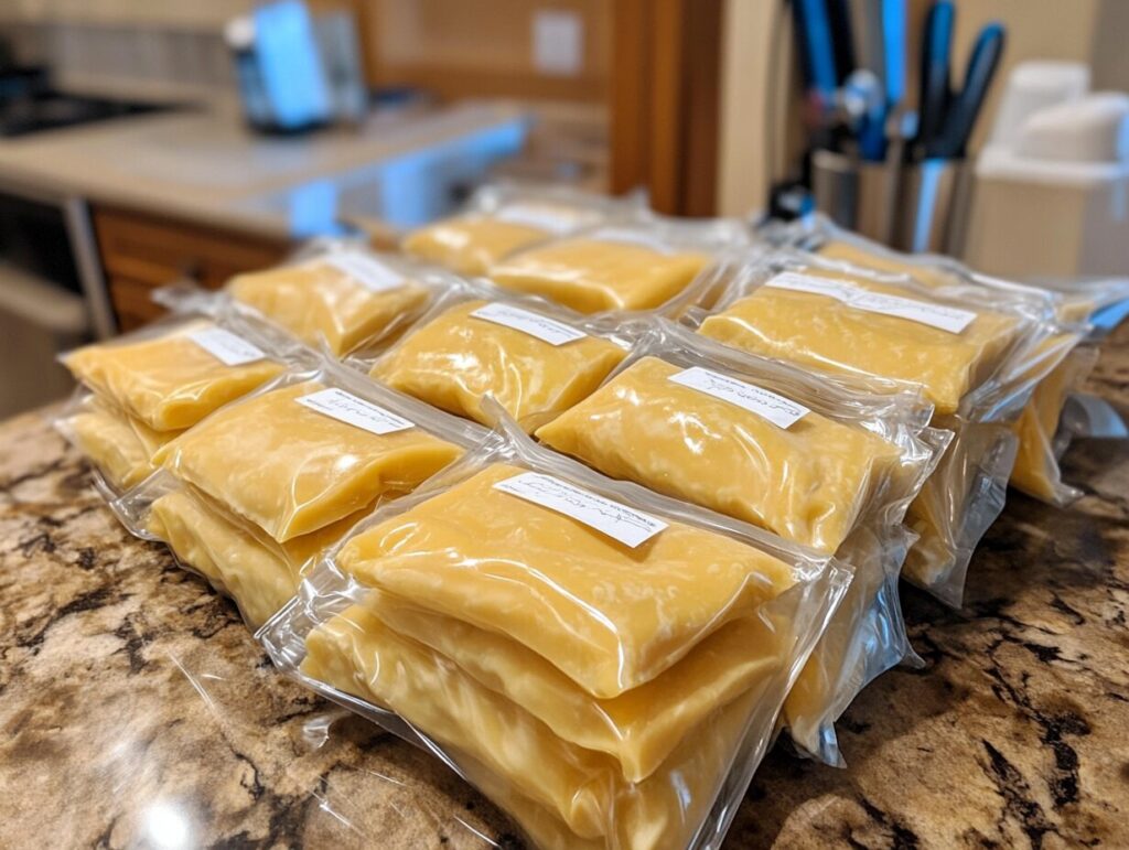 Several small freezer bags containing smoked queso, each labeled with dates, placed on a clean counter with labeling tools in the background for an organized look