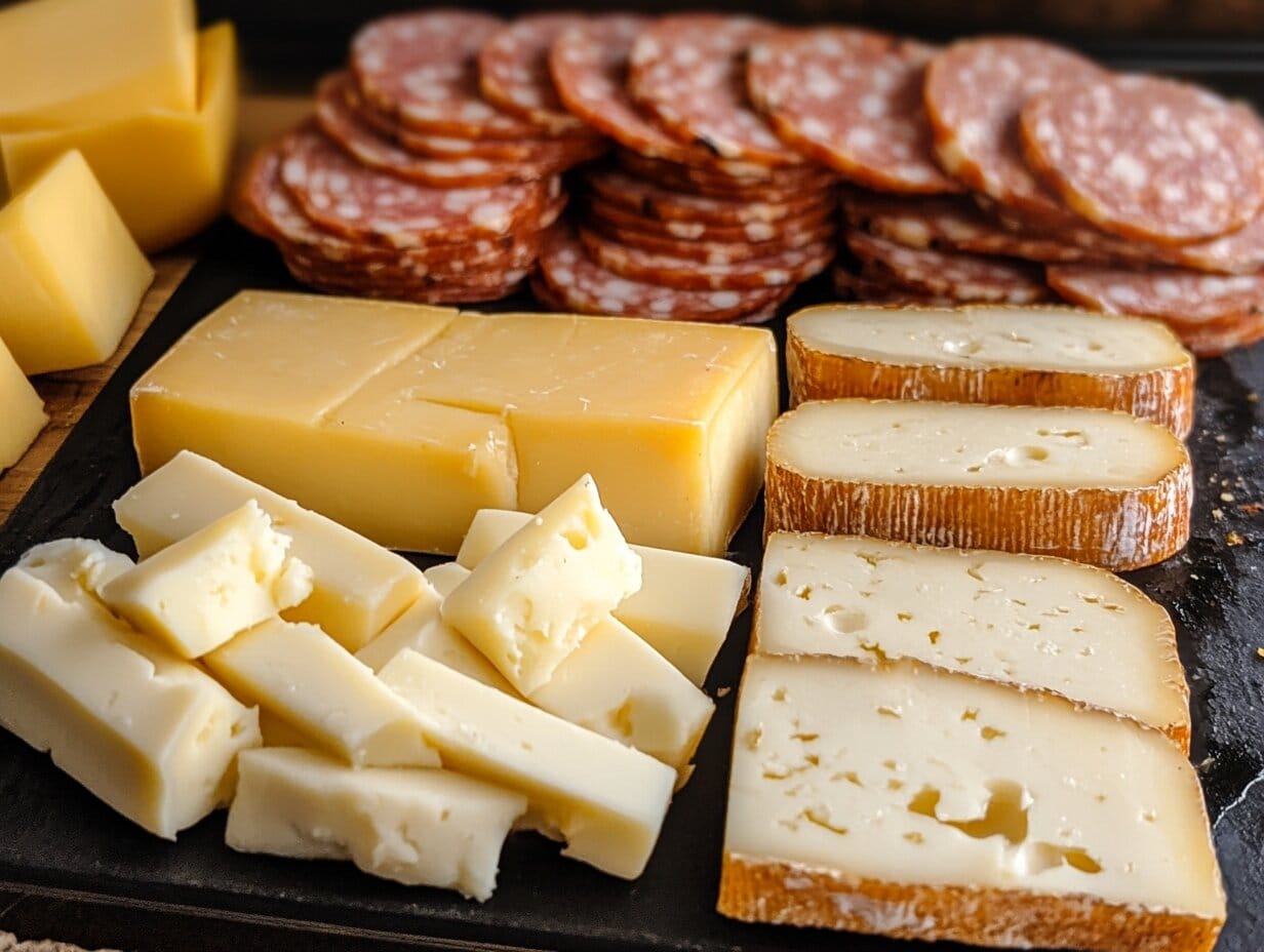 What Are the Best Cheeses to Smoke? 1 A close-up of a cheese and charcuterie board featuring an assortment of sliced cheeses and cured salami, arranged on a black slate platter.