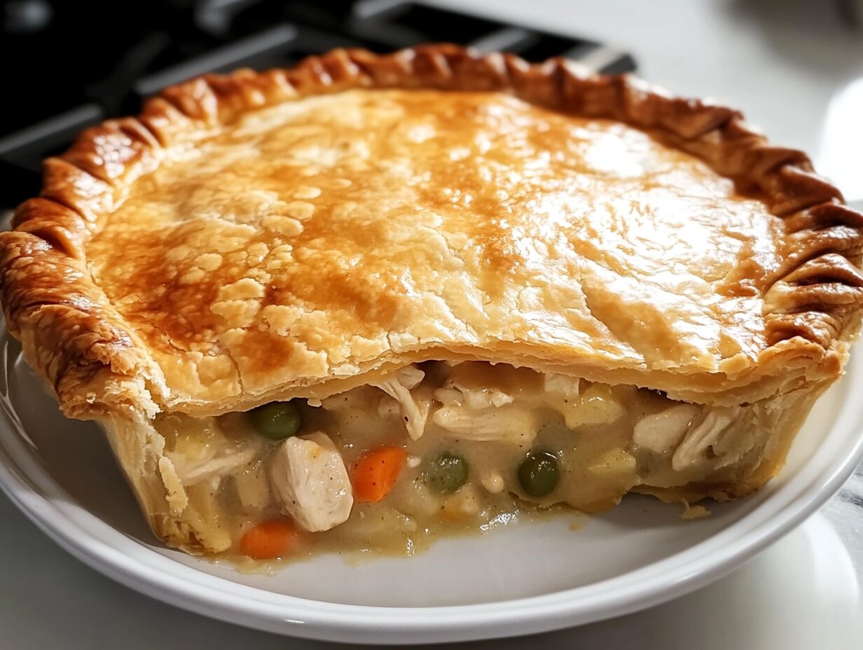 Golden chicken pot pie with a filling of vegetables and chicken chunks