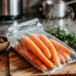 A modern kitchen scene featuring frozen carrots, fresh herbs, and a steaming pot, showcasing the preparation process.