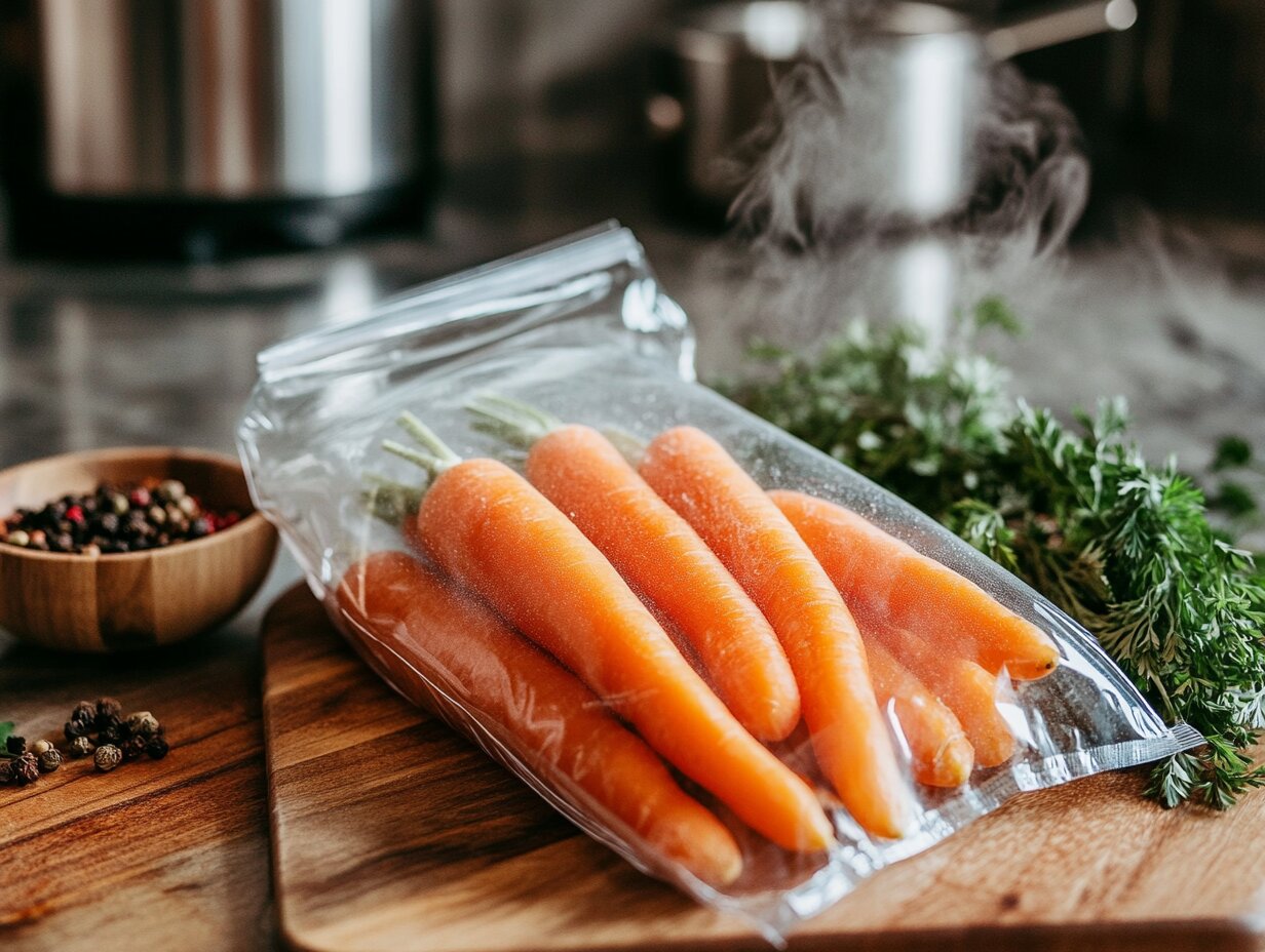 A modern kitchen scene featuring frozen carrots, fresh herbs, and a steaming pot, showcasing the preparation process.