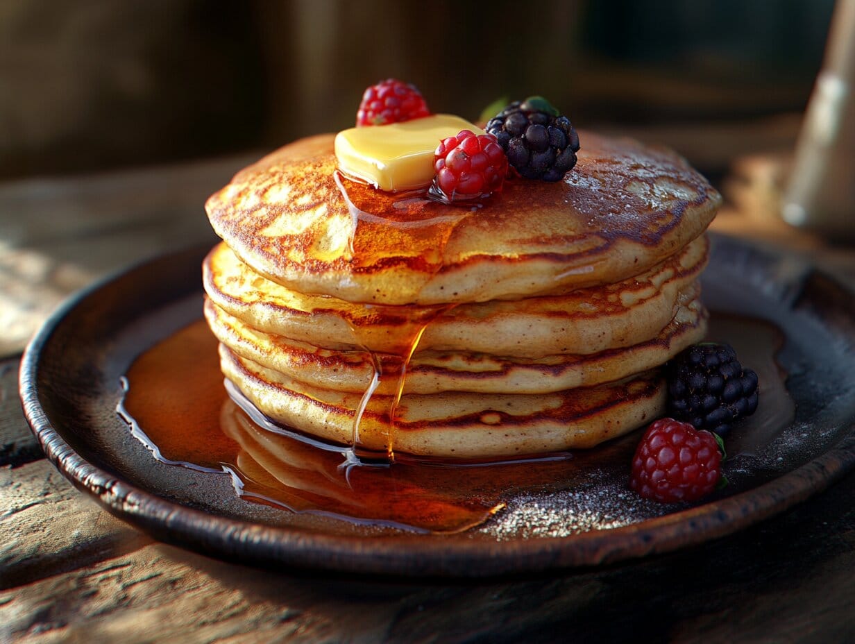 Stack of fluffy sourdough pancakes with butter and syrup