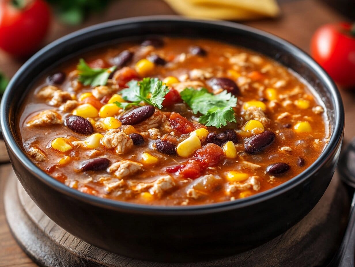 A close-up of a bowl of taco soup filled with ground meat, kidney beans, corn, diced tomatoes, and garnished with fresh cilantro. The soup has a rich, flavorful broth