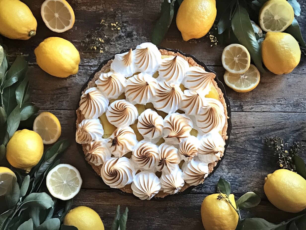 Lemon meringue pie cookies with toasted meringue and fresh lemons