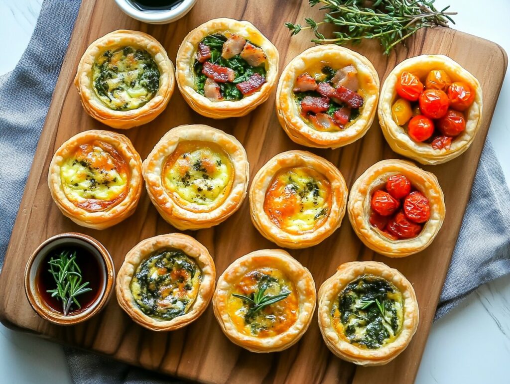  wooden serving board holding mini puff pastry quiches with fillings like spinach, bacon, and tomatoes, alongside dipping sauce and fresh rosemary