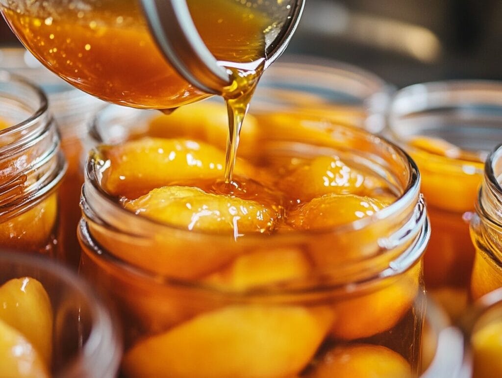 What is the Process of Canning Peaches? 3 Peaches packed in jars with syrup being poured.