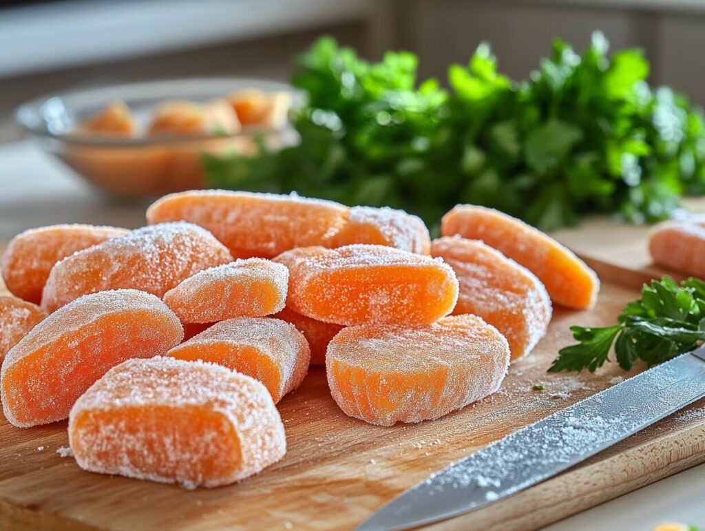 Frozen carrots on a wooden cutting board with a knife and fresh parsley, ready for cooking in a modern kitchen.