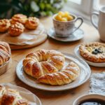 A cozy breakfast table with puff pastry dishes like croissants, apple turnovers, and savory tarts, paired with coffee and fresh fruit.