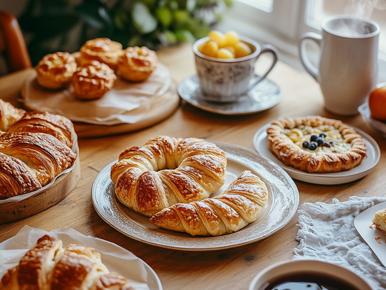 A cozy breakfast table with puff pastry dishes like croissants, apple turnovers, and savory tarts, paired with coffee and fresh fruit.