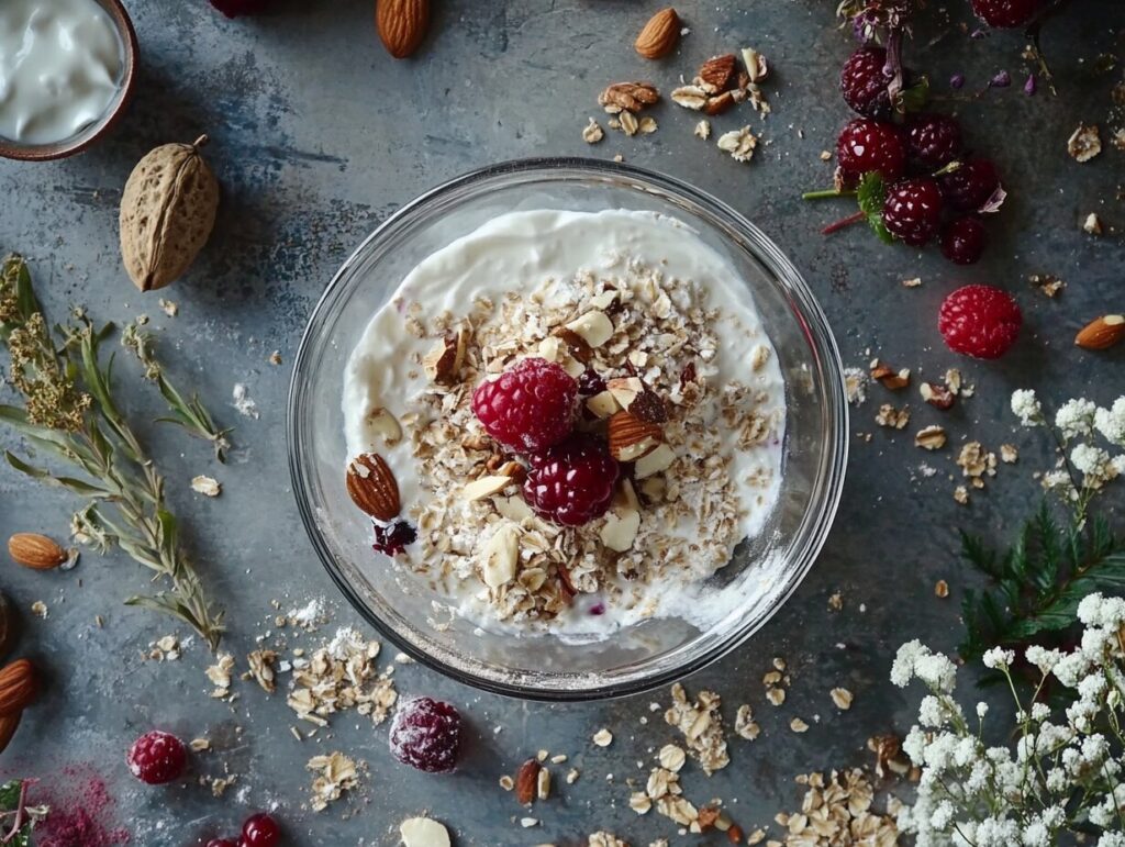  Sourdough discard in a bowl with healthy breakfast ingredients.