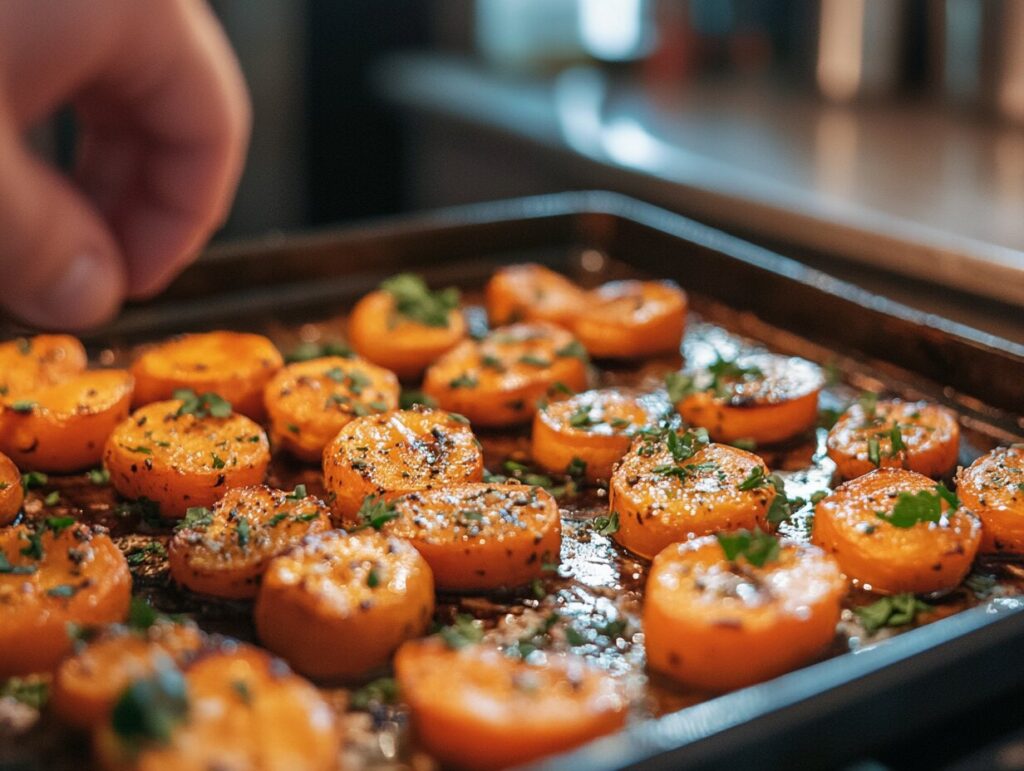 A tray of roasted carrots, caramelized and garnished with fresh herbs, pulled out of the oven in a cozy kitchen.