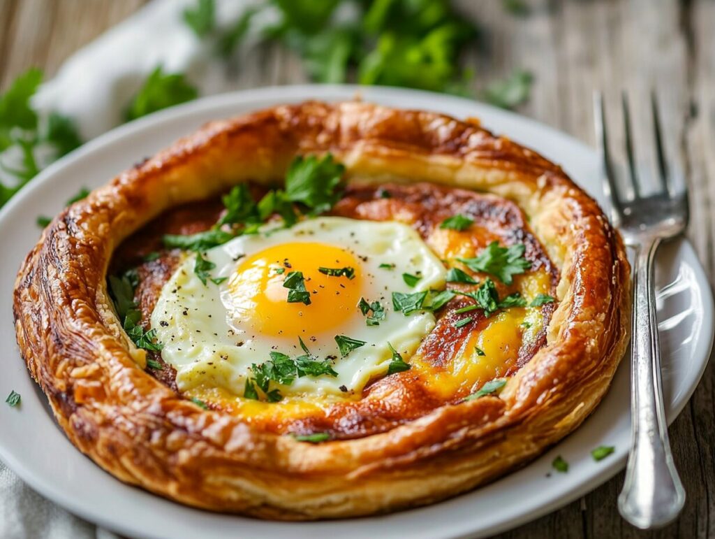 A flaky puff pastry tart filled with melted cheese and a sunny-side-up egg, garnished with fresh herbs on a white plate