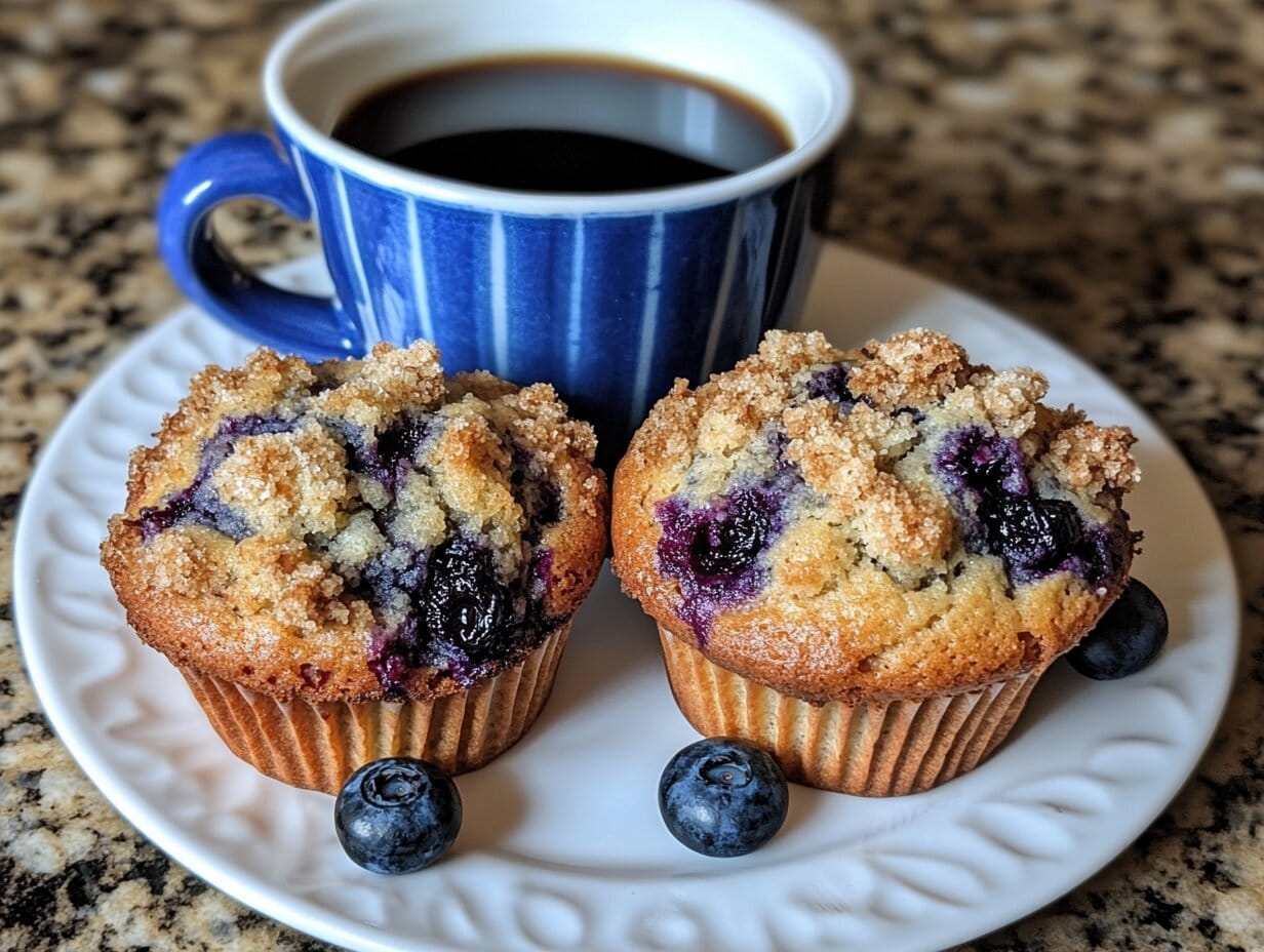What is the Healthiest Breakfast Pastry? 2 Two golden blueberry muffins with a cup of black coffee on a white plate