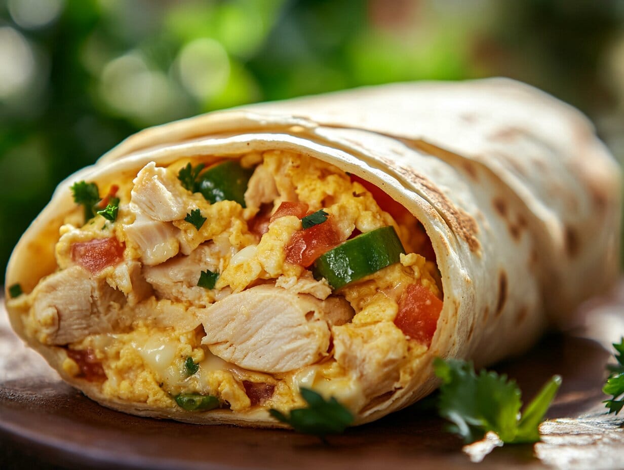 Chicken Breakfast Burrito Guide 1 A freshly made chicken breakfast burrito cut in half, showing chicken, eggs, cheese, and vegetables inside a golden, toasted tortilla