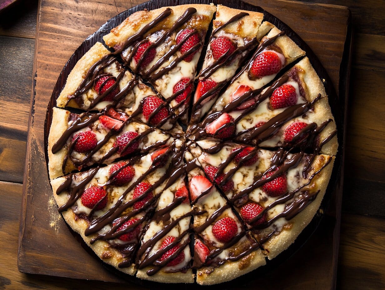 A gourmet dessert pizza with a golden-brown crust, topped with fresh strawberries, blueberries, and raspberries, drizzled with white chocolate and dusted with powdered sugar.
