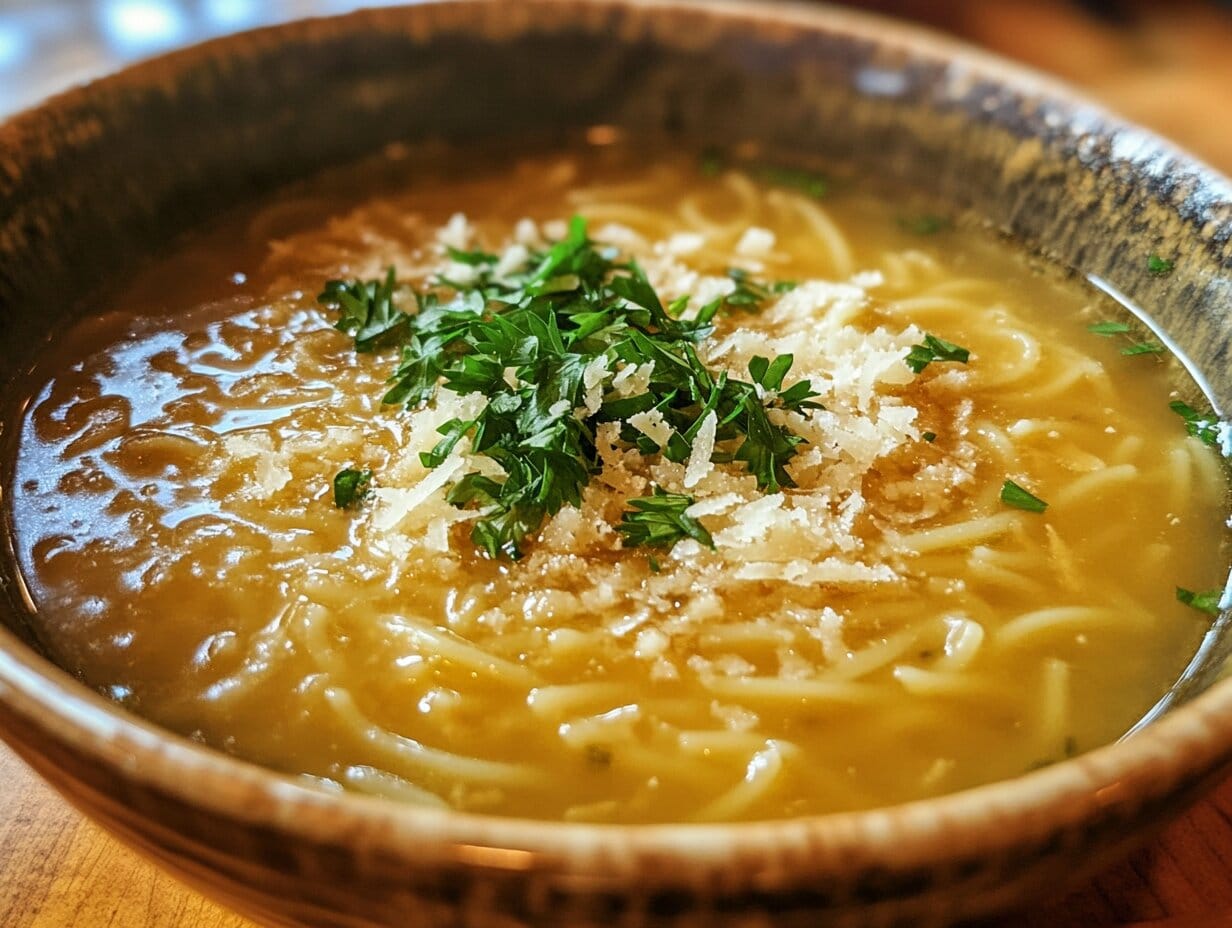 The Best Pastina Soup Recipe – Italian Comfort in a Bowl 4 A steaming bowl of pastina soup with tiny star-shaped pasta in golden broth, garnished with fresh parsley and grated parmesan, served in a rustic Italian ceramic bowl.