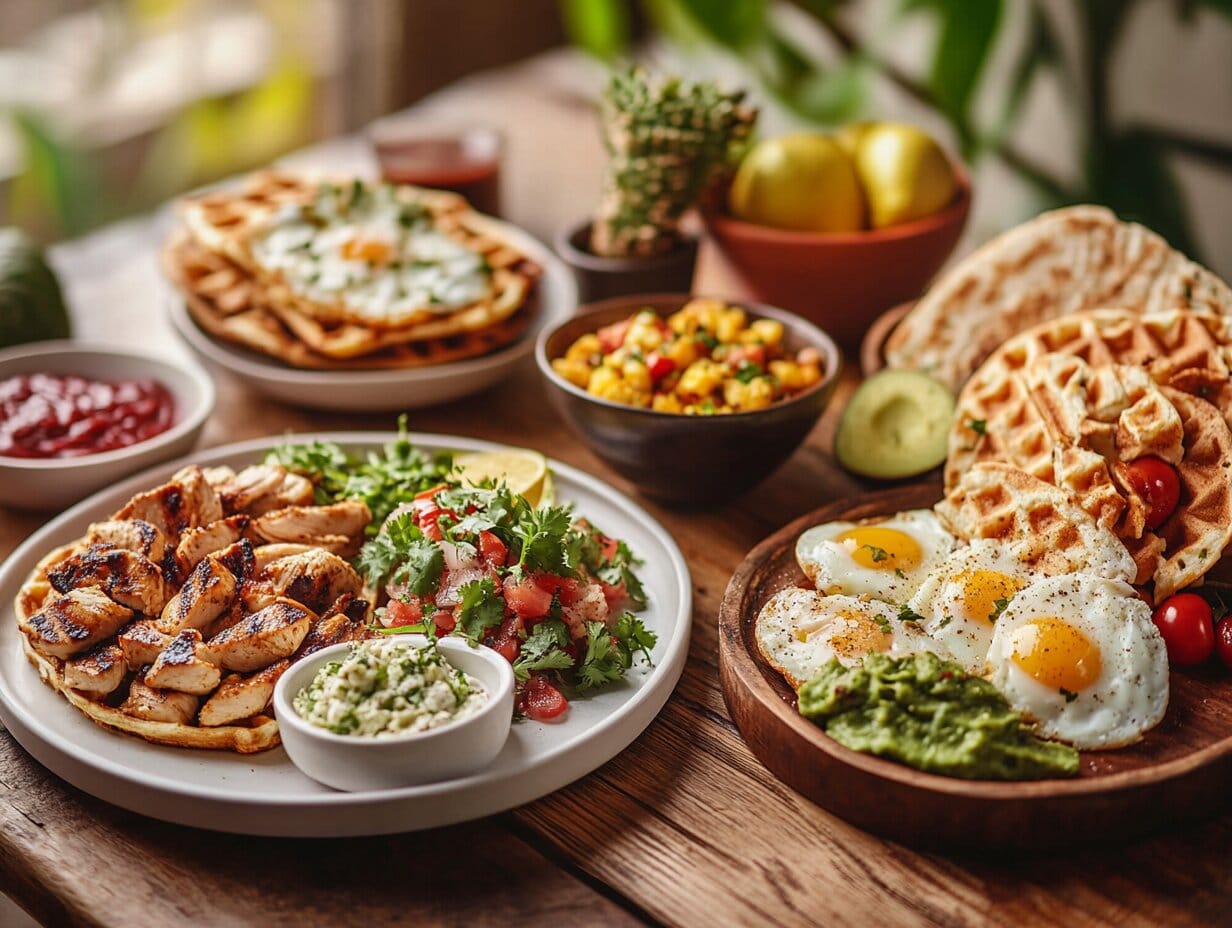 12 Delicious Breakfast Chicken Ideas to Start Your Day Right 1 A beautifully arranged breakfast table with chicken and waffles, chicken breakfast burritos, scrambled eggs with grilled chicken, and avocado toast, set in a bright kitchen with morning sunlight.