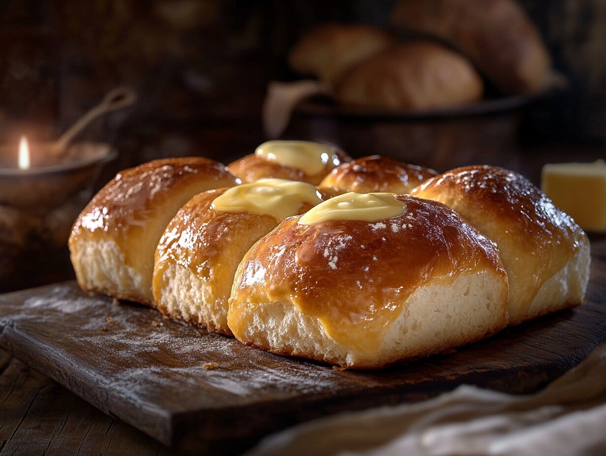 A batch of golden-brown, freshly baked no-yeast dinner rolls served on a wooden table with butter melting on top.