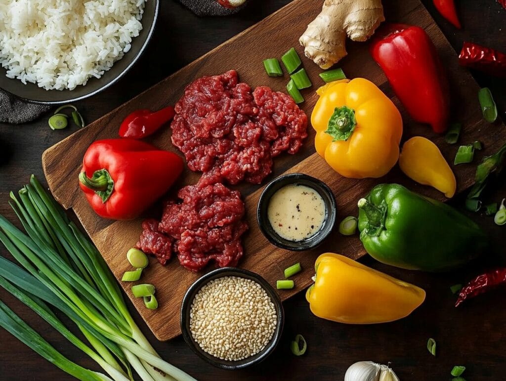 Authentic Japanese Pepper Steak Recipe for Beginners 5 A top-down flat lay of fresh ingredients for beef and pepper rice bowls, including raw ground beef, sliced red, yellow, and green bell peppers, finely chopped garlic and ginger, a small dish of soy sauce, a drizzle of sesame oil in a tiny bowl, a pinch of red pepper flakes, a bowl of cooked white rice, and garnishes of fresh green onions and sesame seeds. All ingredients are neatly arranged on a rustic wooden surface with soft, natural lighting